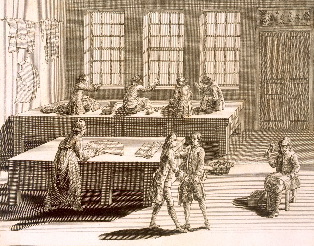 ورشة عمل للخياطين ، من موسوعة العلوم والعدادات بواسطة دينيس ديدرو (1713-1784) نشرت ج .1770 بواسطة المدرسة الفرنسية