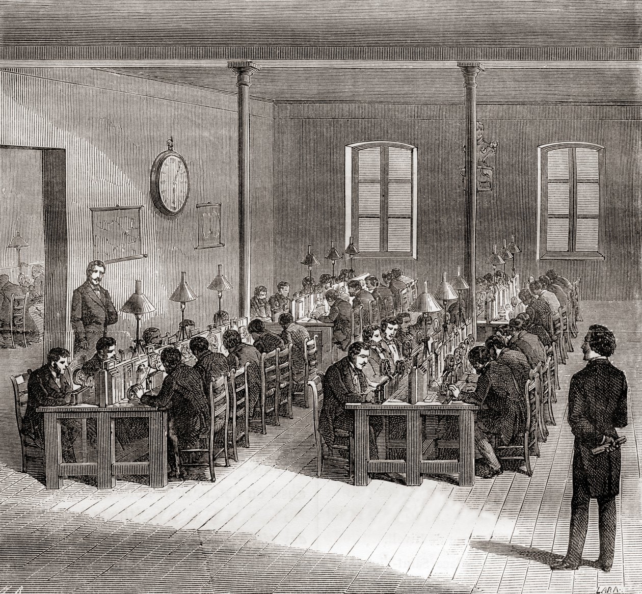 A telegraph station in Paris, France c.1870, from Les Merveilles de la Science, published c.1870 (engaving) بواسطة المدرسة الفرنسية