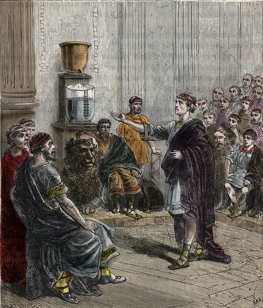 ساعة مائية أو clepsydra في أثينا - اليونان القديمة - la clepsydre a Athenes - نقش في "" العلوم الموضوعة على باب الجميع - الفيزياء والكيمياء "بواسطة Alexis Clerc - نهاية القرن التاسع عشر - مجموعة خاصة بواسطة المدرسة الفرنسية