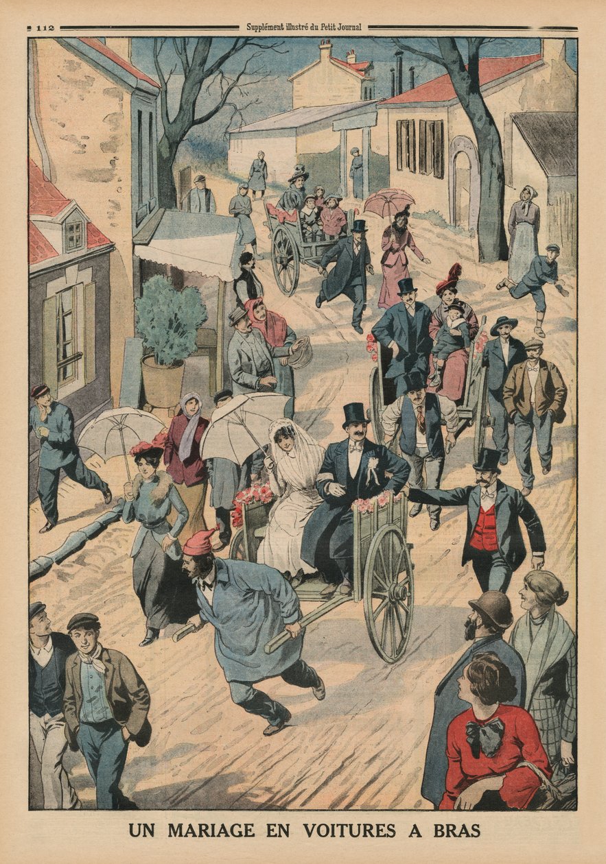 حفل زفاف على عربات يدوية ، صورة توضيحية من الغلاف الخلفي من Le Petit Journal ، ملحق Illustre ، 5 أبريل 1914 بواسطة المدرسة الفرنسية
