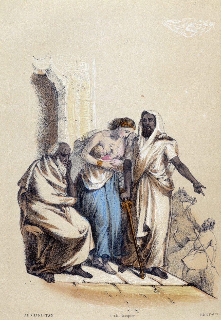 امرأة بيضاء ترضع طفلها تعاقب في أفغانستان ؛ رسم توضيحي لأغانستان ، في "الاثني عشر الأمم" بواسطة ME Fouinet بواسطة المدرسة الفرنسية