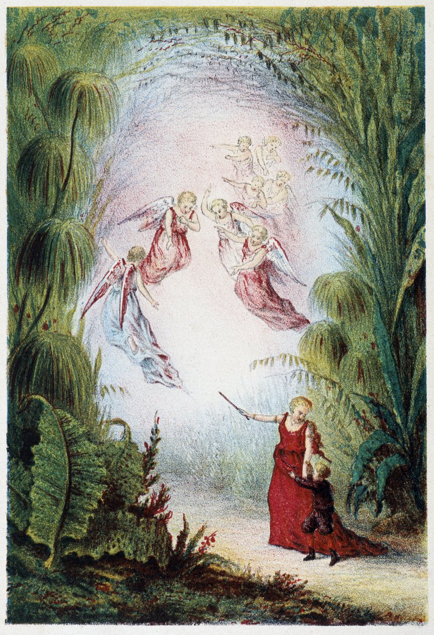 A woman and angels showing way to a boy - in “” Journey to the bottom of the sea”” by H. de la Blanchère. Paris, ed. Jouvet et Cie, sd. 1880. بواسطة المدرسة الفرنسية