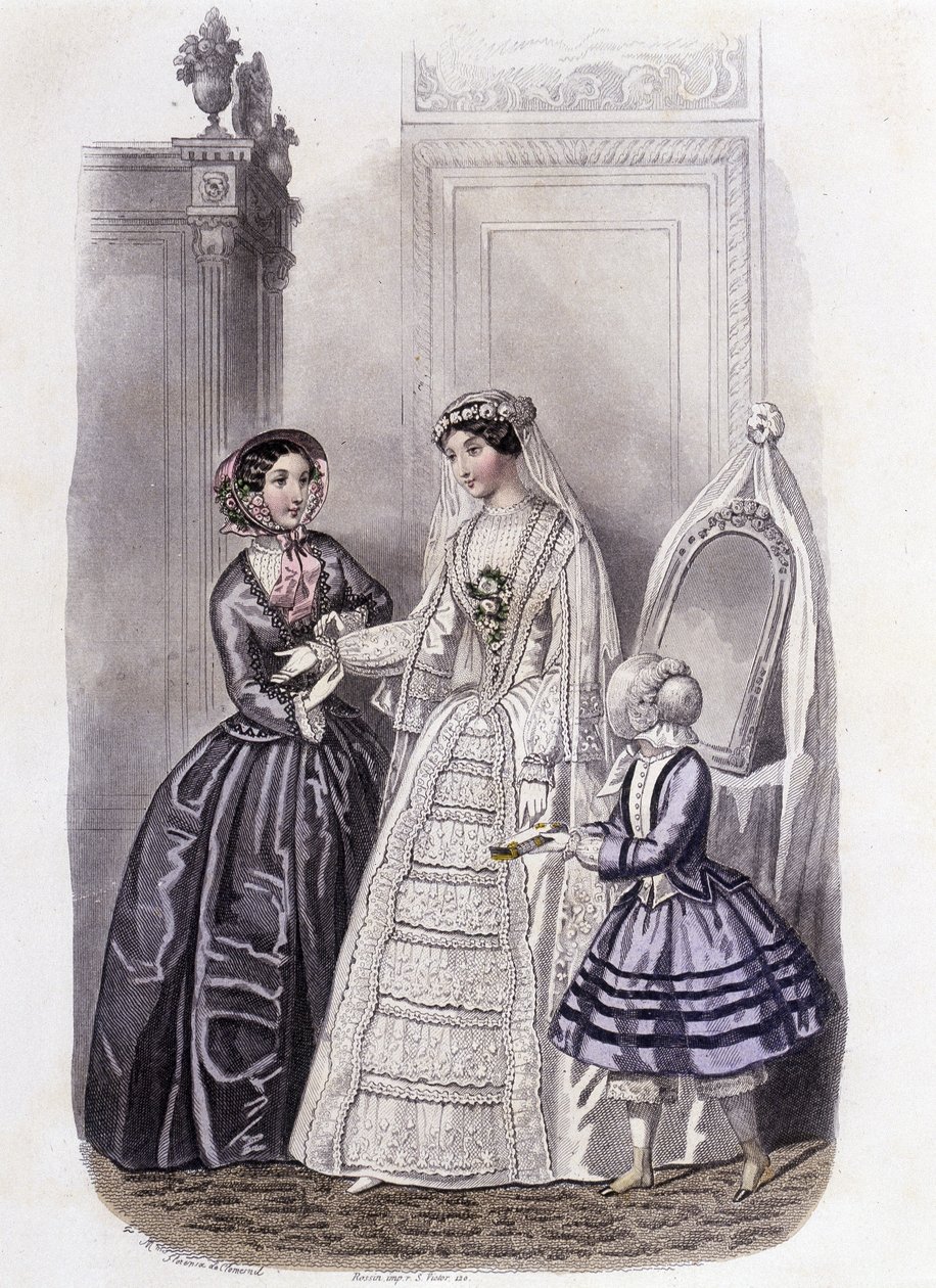 امرأة ترتدي فستان زفاف محاطة بفتاة وسيدة - في "Journal des Demoiselles" عام 1852. بواسطة المدرسة الفرنسية