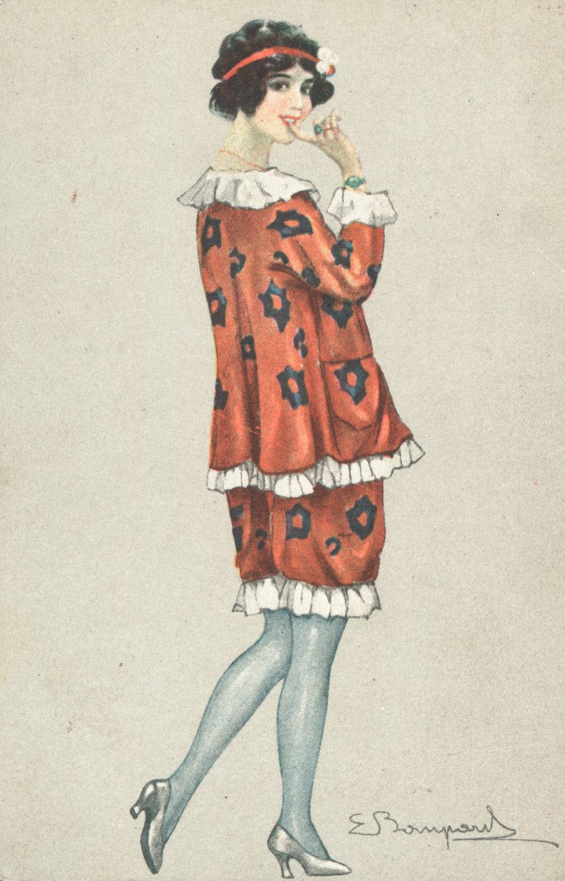 امرأة تقف واضعة إصبعها على فمها (طباعة حجرية ملونة) بواسطة المدرسة الفرنسية