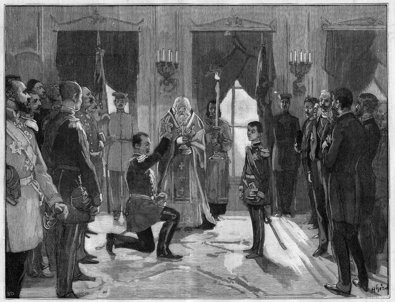 تنازل الملك ميلان الأول لصربيا (1854-1901) ، 7 مارس 1889: أدى الملك السابق قسم الطاعة والإخلاص لابنه الإسكندر الأول من صربيا (1876-1903) ، الذي تنازل عنه للتو. نقش في "" Le Monde Illustré "" رقم 1666 بتاريخ 2 مارس بواسطة المدرسة الفرنسية