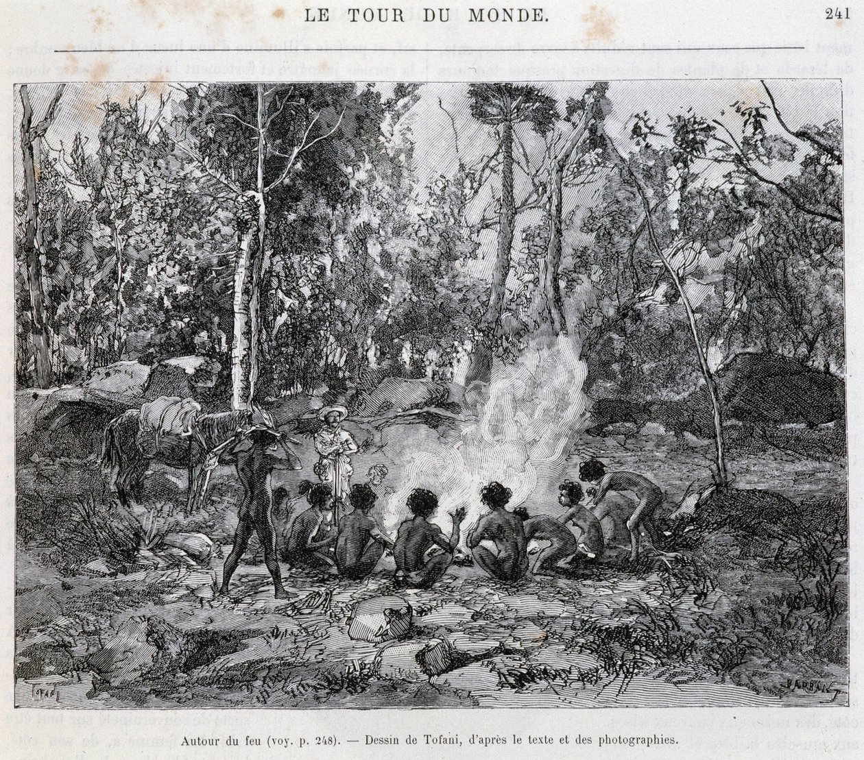 Aborigines under the supervision of a settler, around the fire - in “Tour du Monde”” بواسطة المدرسة الفرنسية
