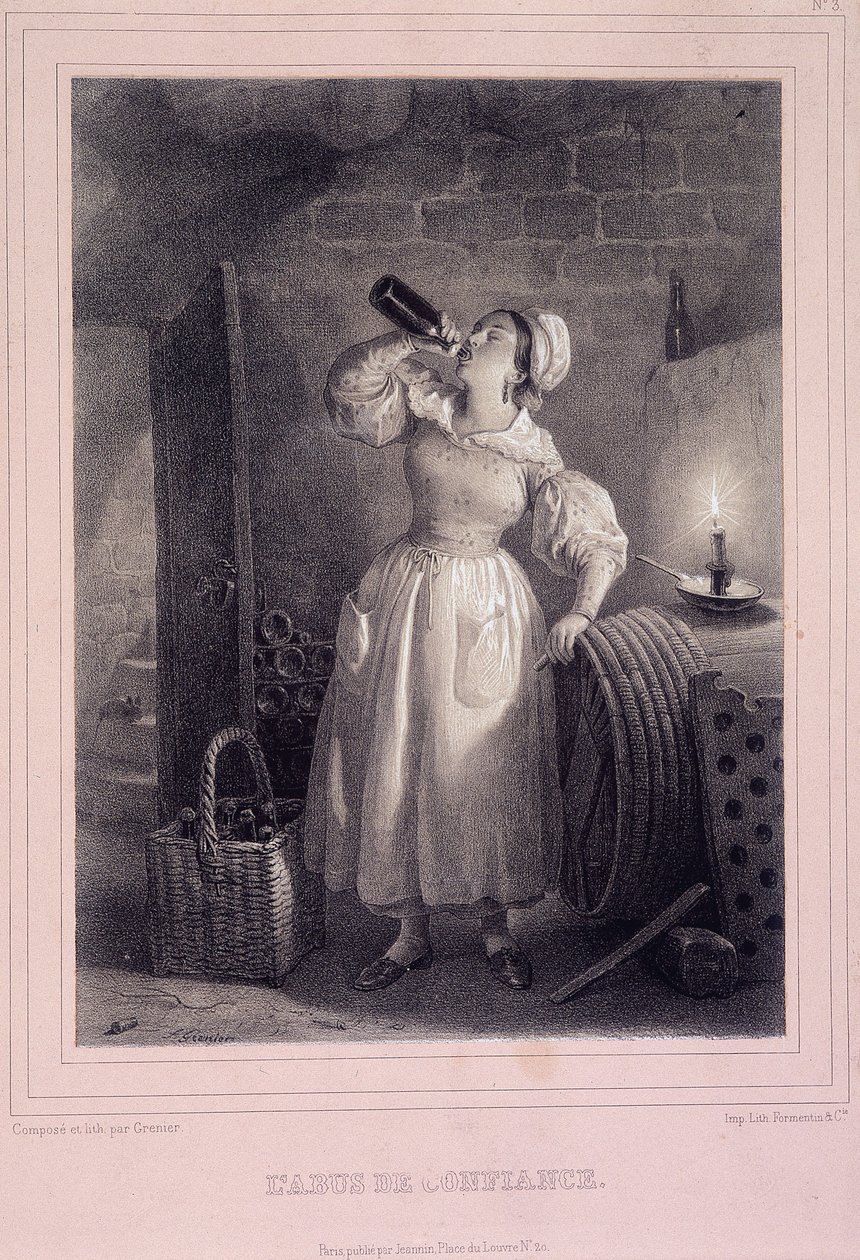 Abuse of trust (domestic drinking wine in the cellar) - lithography بواسطة المدرسة الفرنسية