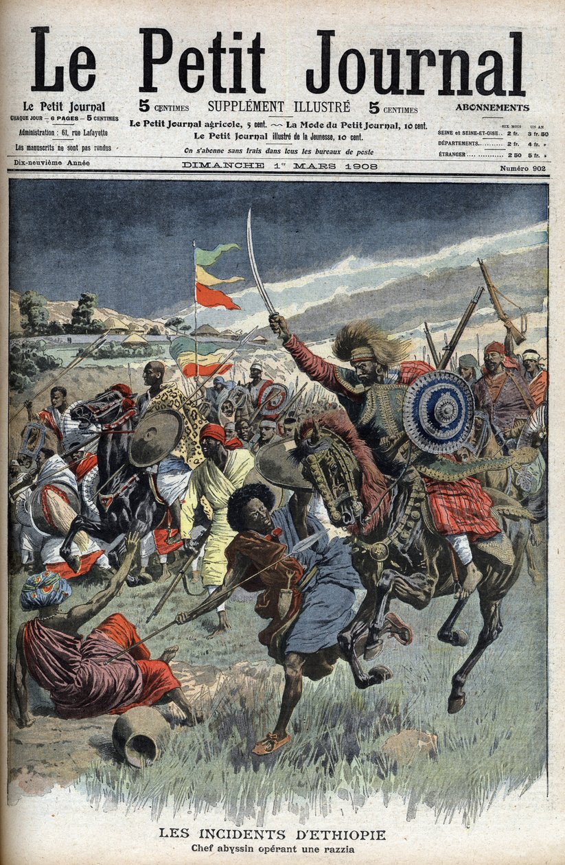 زعيم الحبشة في غارة ، إثيوبيا ، مارس 1908 (المسيحيون الأحباش يقاتلون الصوماليين المسلمين على الحدود بين إثيوبيا والصومال) من Le Petit Journal (نقش) بواسطة المدرسة الفرنسية