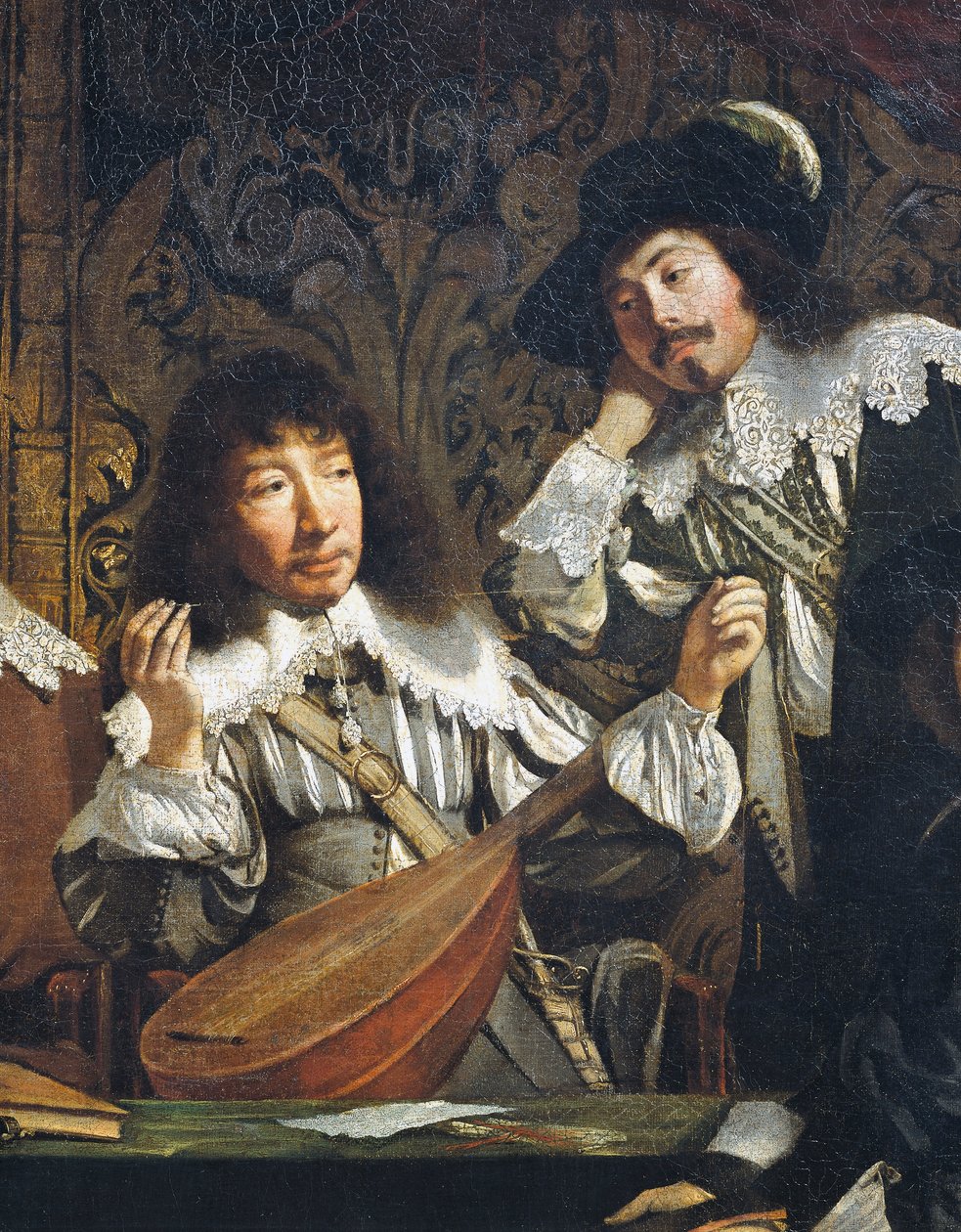 Academy of music, or Meeting of amateurs, circa 1640, by unknown artist of French school, detail of tuning of lute, oil on canvas بواسطة المدرسة الفرنسية