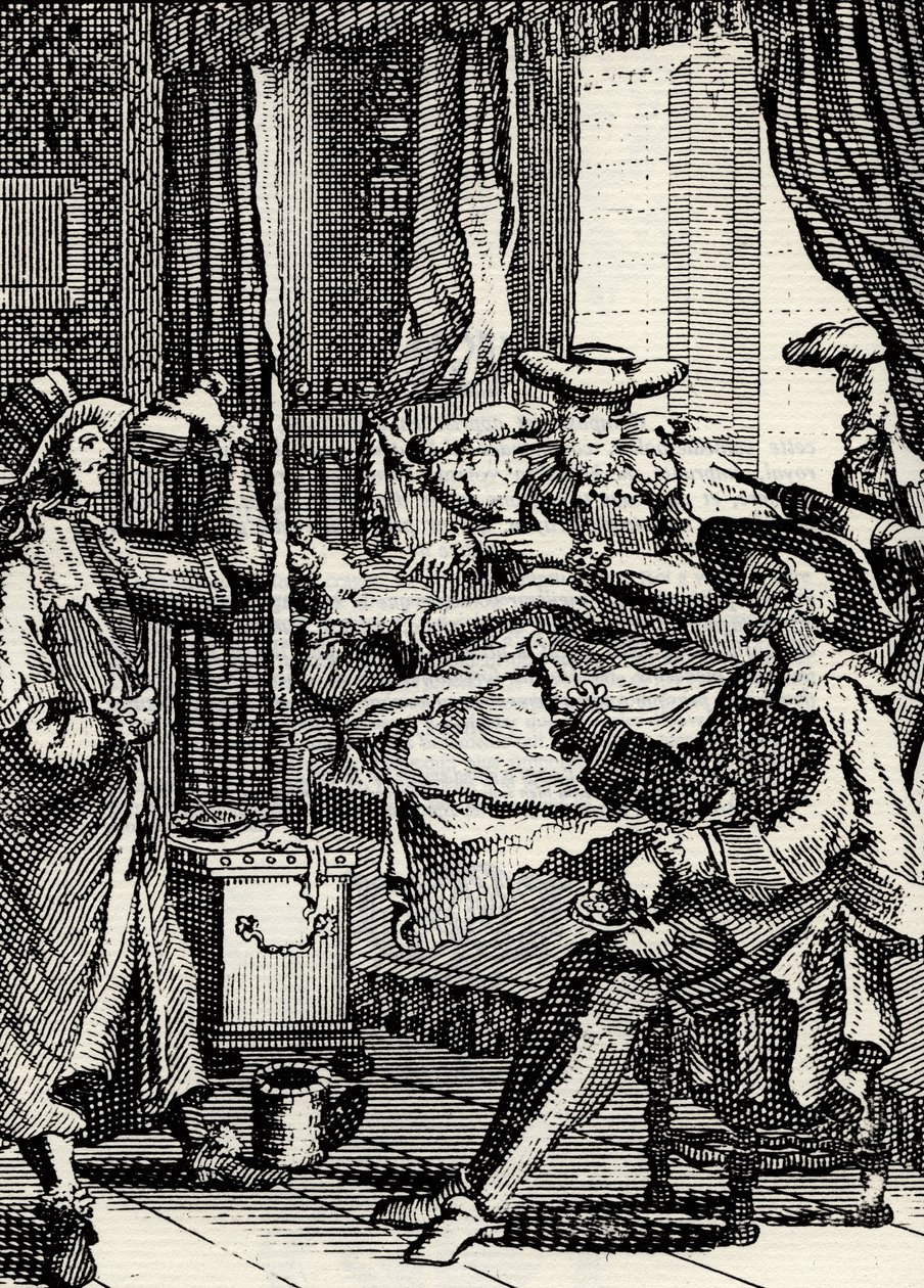 الفصل الثاني من مسرحية "لامور ميديسين" لموليير (1665): لوسيند ، ابنة سغاناريل التي تسمعها 4 أطباء غير أكفاء ، نقش بواسطة المدرسة الفرنسية