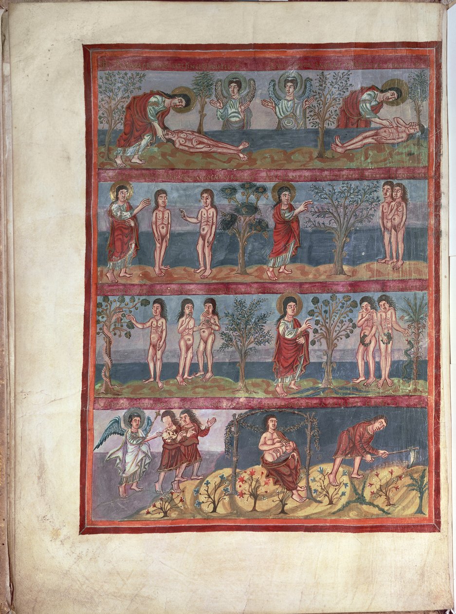 إضافة 10546 f.5v آدم وحواء ، من الكتاب المقدس موتير غراندفال ، مضاء في دير كارولينجيان في سانت مارتن ، تورز ، لاتيني ، حوالي 834-843 (ورق) بواسطة المدرسة الفرنسية