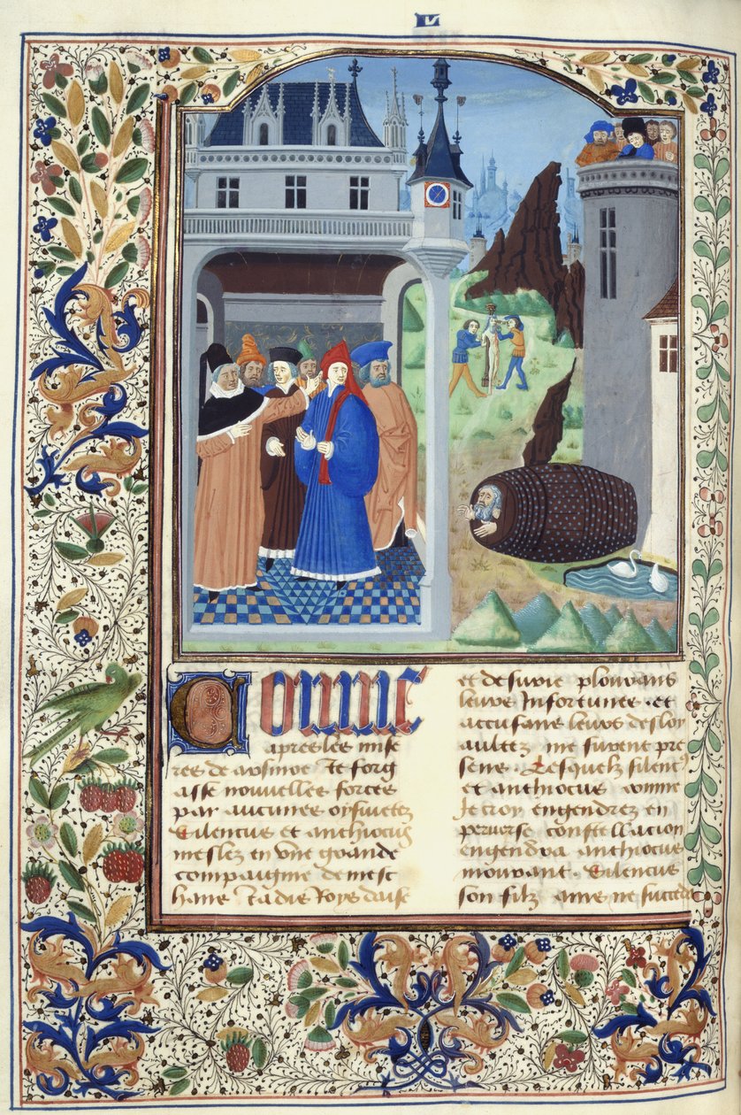 يضيف. 11696 ، f.136v Boccaccio يراقب التعذيب ، من Le Livre des Cases des Nobles et Illustres Hommes بقلم جيوفاني بوكاتشيو ، حوالي 1470 (حبر ولون وذهب على ورق) بواسطة المدرسة الفرنسية