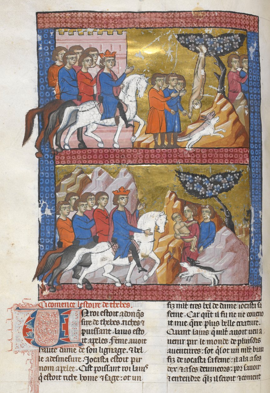 يضيف. 15268 ، f.75v أوديب ، وجده بوليبوس ، ملك كورينث ، رسم توضيحي من 