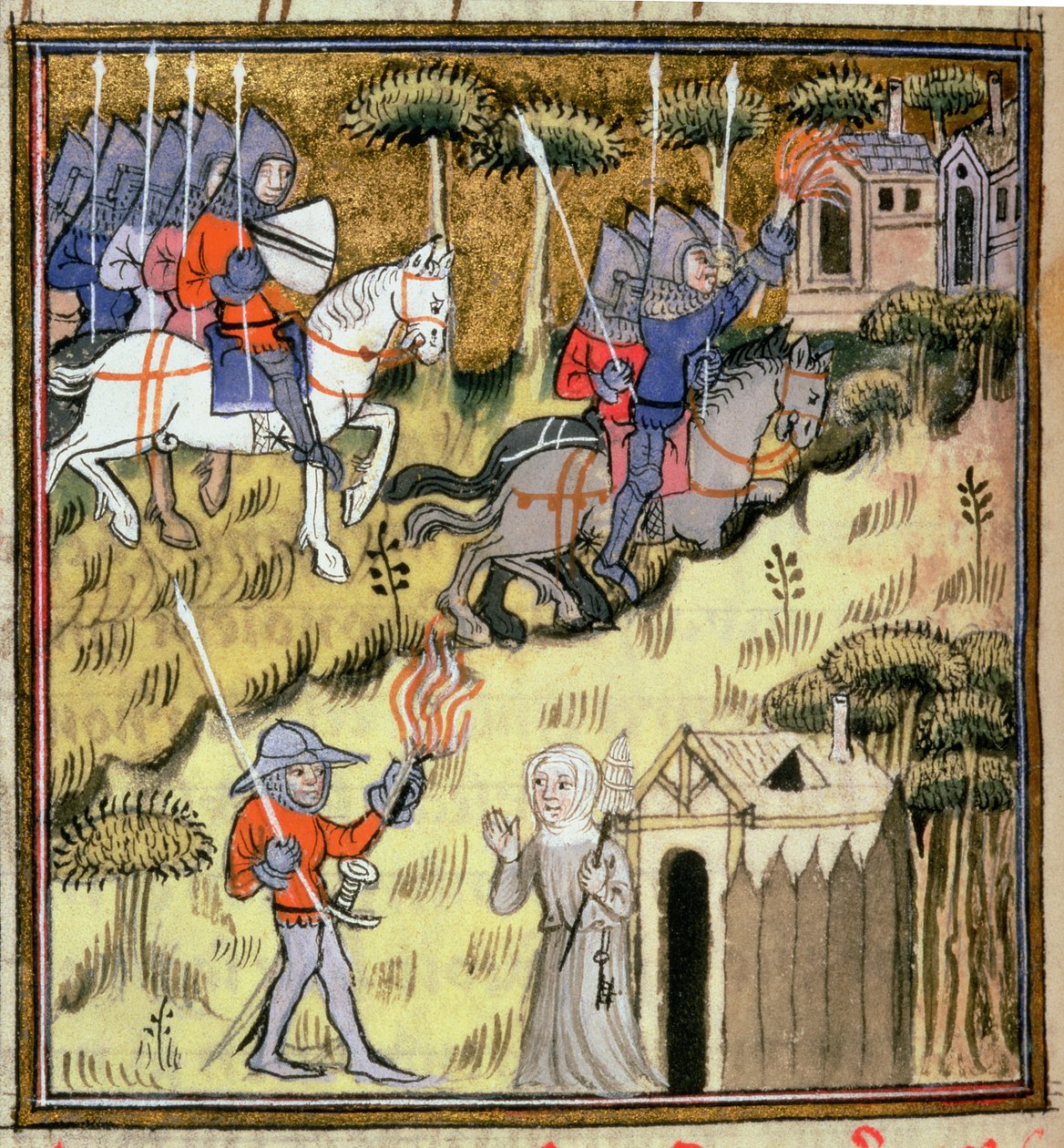 إضافة 15269 f.178v إضاءة إضاءة سلاح الفرسان إلى المباني ذات المشاعل المشتعلة ؛ راهبة تحمي ديرها من جندي حوالي 1380 بواسطة المدرسة الفرنسية