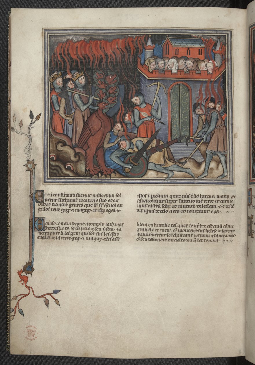 أضف 17333 ، f.42v ، صورة مصغرة لجيوش السماء التي تقاتل التنين (رؤيا 19: 19-20) ، من سفر الرؤيا (نهاية العالم فال ديو) ، حوالي 1320 - 30 (مخطوطة) بواسطة المدرسة الفرنسية