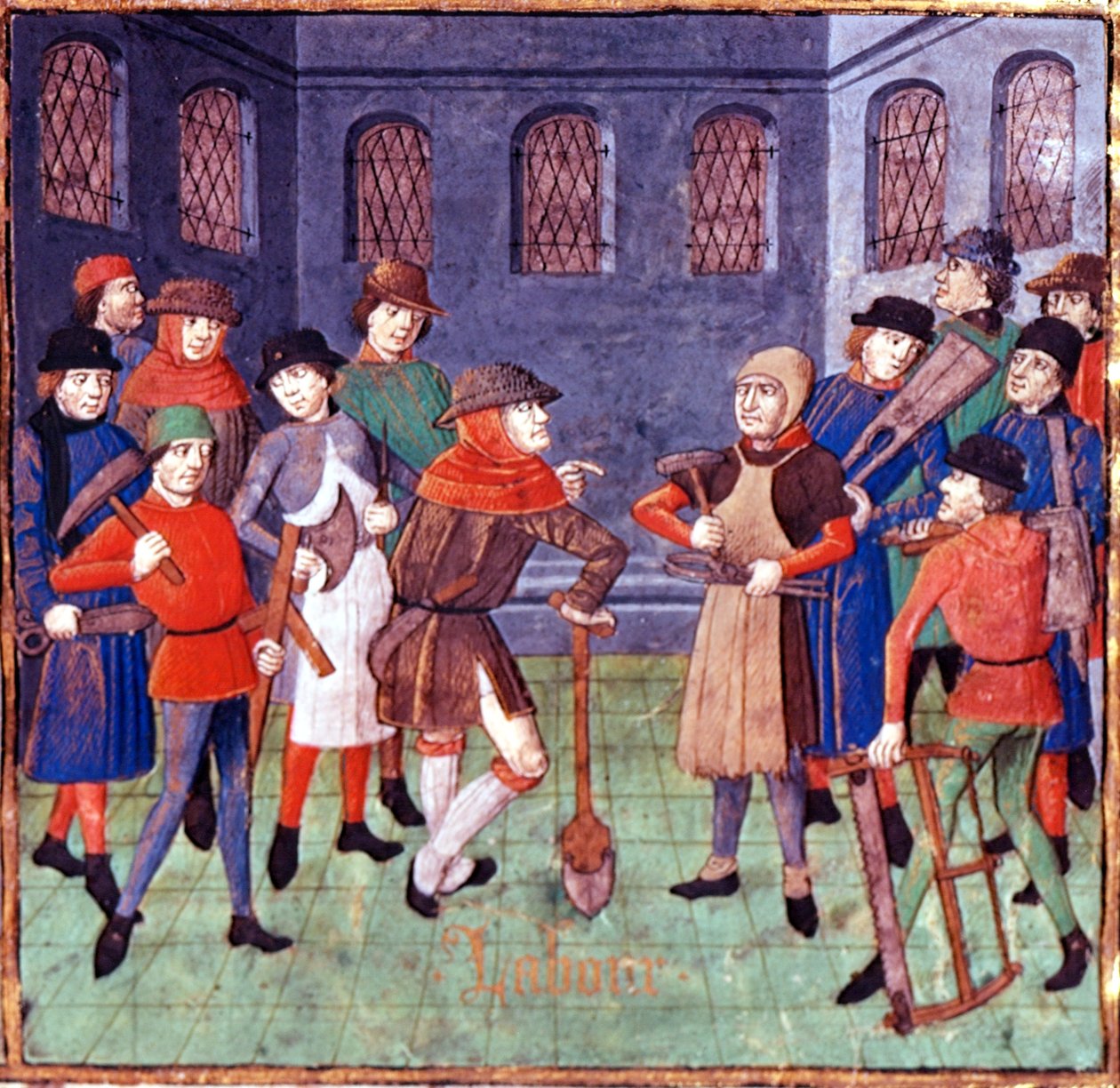 أضف 18750 صفحة 3 عمال بأدوات ، تفاصيل من مقدمة إهداء إلى دوك دي بيري في "Des cas des nobles hommes" بقلم جيوفاني بوكاتشيو ، ترجمه Laurent de Premierfait ، حوالي 1480 (ورق) بواسطة المدرسة الفرنسية