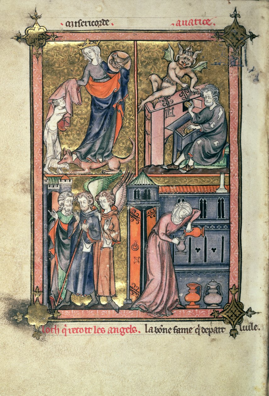 أضف 54180 f.136b الرحمة والجشع واللوط والملائكة ؛ الأرملة وزيتها ، من "La Somme le Roy" بواسطة Frere Laurent ، منارة بواسطة Maitre Honore (ورق الرق) بواسطة المدرسة الفرنسية