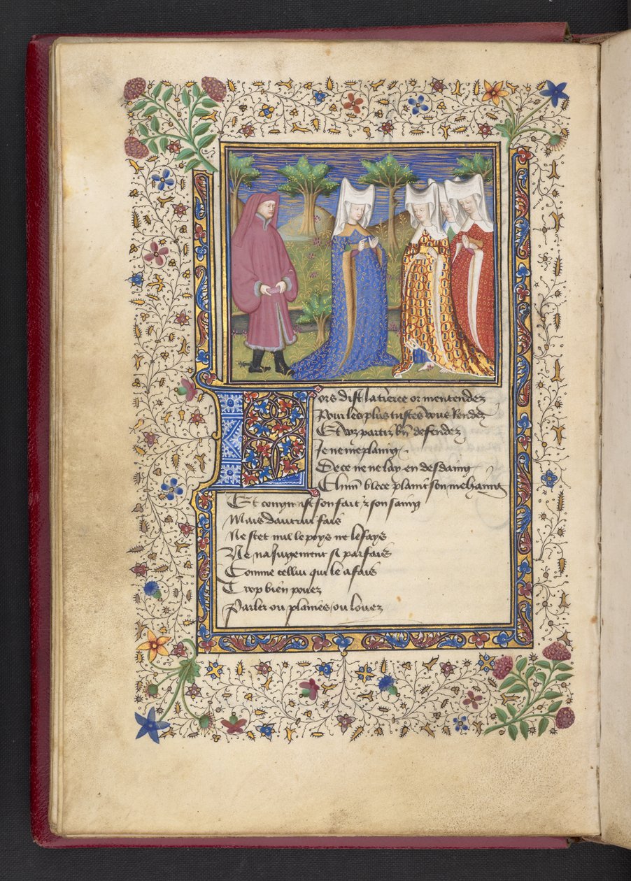 أضف MS 21247 f.40v رجل وثلاث سيدات ، من "Le livre des quatre dames" بواسطة Alain Chartier (حبر ولون وذهب على ورق رقيق) بواسطة المدرسة الفرنسية
