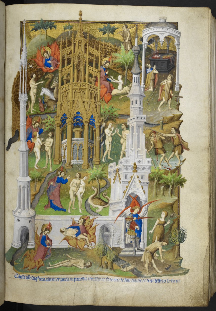 أضف Ms 18850 f.14r مشاهد من الخلق والسقوط ، آدم وحواء ، وأبناؤهم ، قابيل وهابيل ، من كتاب الصلوات (ساعات بيدفورد) حوالي 1410-30 (حبر ولون وذهب على ورق) بواسطة المدرسة الفرنسية