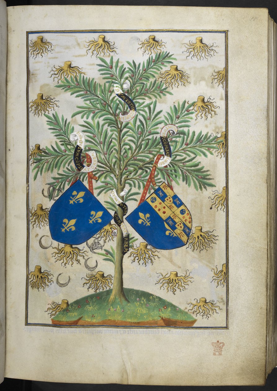أضف Ms 18850 f.15r صفحة شعارات النبالة ، من كتاب الصلوات (ساعات بيدفورد) ج 1410-30 (الحبر واللون والذهب على ورق الرق) بواسطة المدرسة الفرنسية