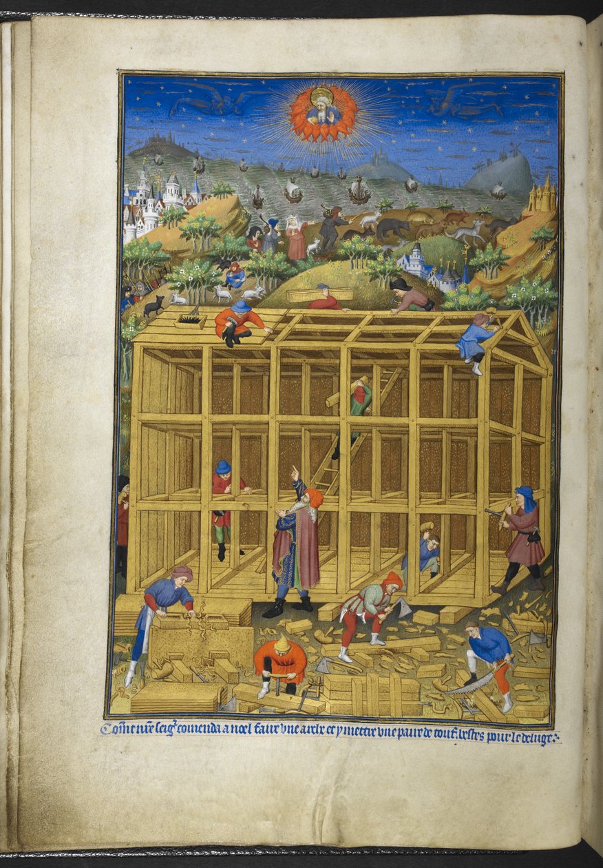 أضف Ms 18850 f.15v ، بناء سفينة نوح ، من كتاب الساعات (ساعات بيدفورد) حوالي 1410-30 (حبر ، لون وذهب على ورق) بواسطة المدرسة الفرنسية