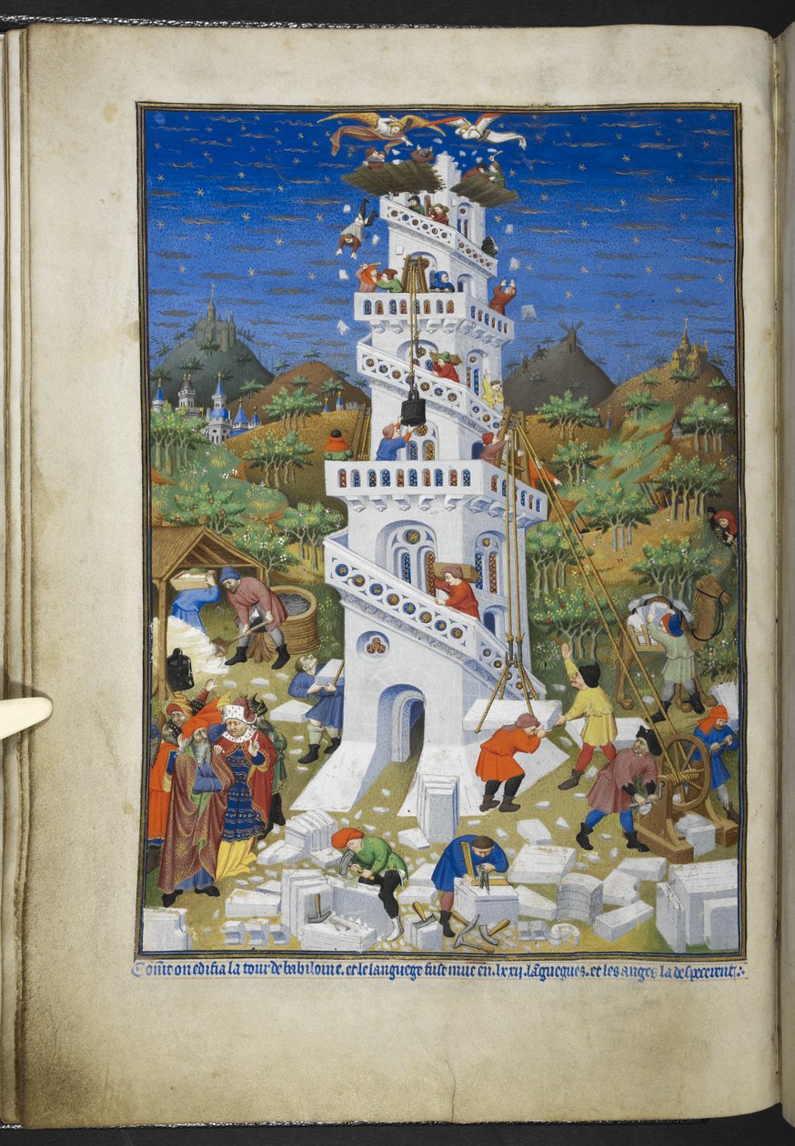 أضف Ms 18850 f.17v مبنى برج بابل ، من كتاب الصلوات (ساعات بيدفورد) ج 1410-30 (الحبر واللون والذهب على الرق) بواسطة المدرسة الفرنسية