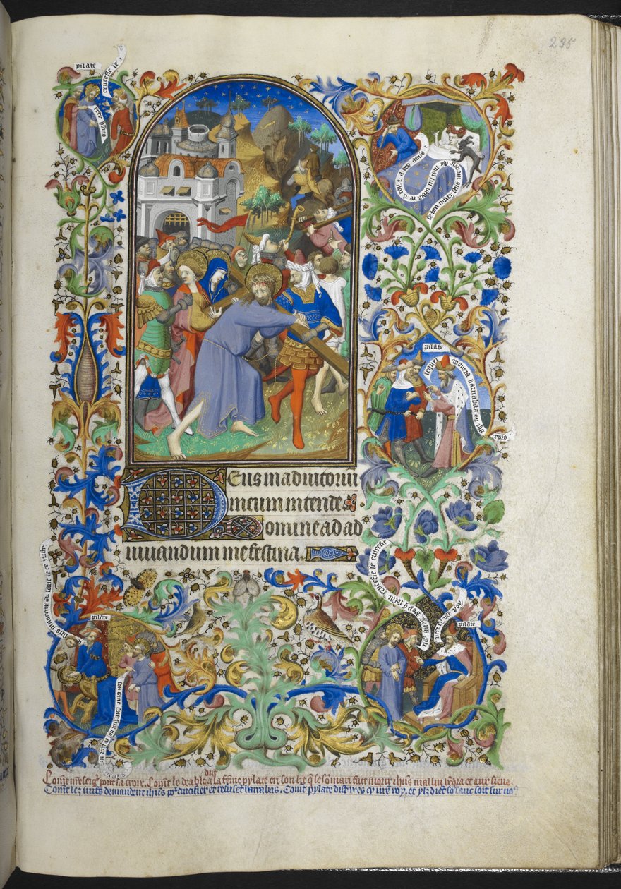 أضف Ms 18850 f.235r، Hours of the Passion [Sext] ، المسيح يحمل الصليب ، من كتاب الساعات (ساعات بيدفورد) ج 1410-30 (حبر ، لون وذهب على ورق) بواسطة المدرسة الفرنسية