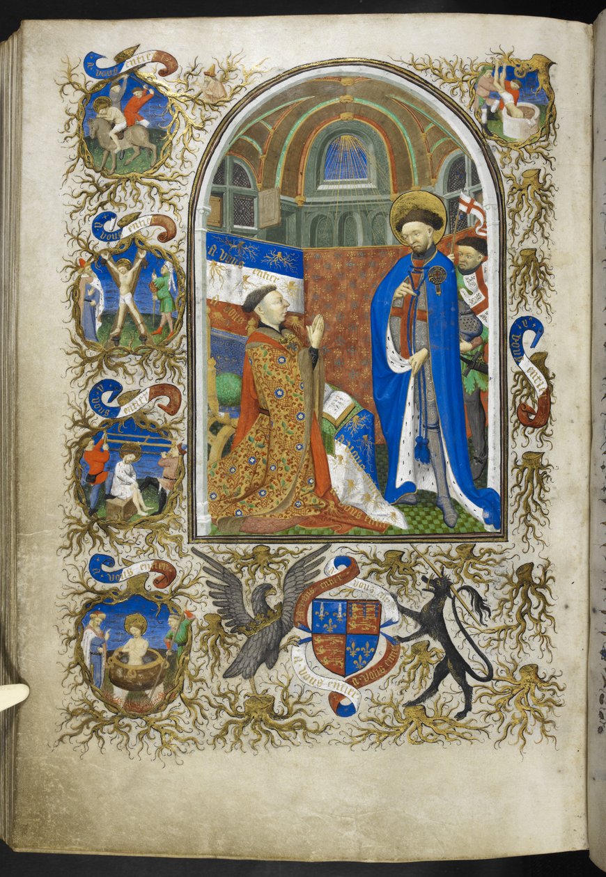 أضف Ms 18850 f.256v ، دوق بيدفورد قبل القديس جورج ، من كتاب الصلوات (ساعات بيدفورد) حوالي 1410-30 (حبر ، لون وذهب على ورق) بواسطة المدرسة الفرنسية