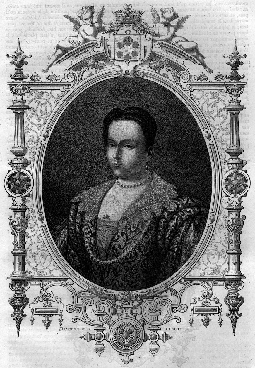 Adelaide of Burgundy (931-999) ، أرملة لوثير (كونت باريس ودوق فرنسا) والزوجة الثانية لأوثون الأول العظيم. نقش في "Histoire des Papes-Rois-Queen و Empereurs a travers les years" بقلم موريس لاشاتر بواسطة المدرسة الفرنسية