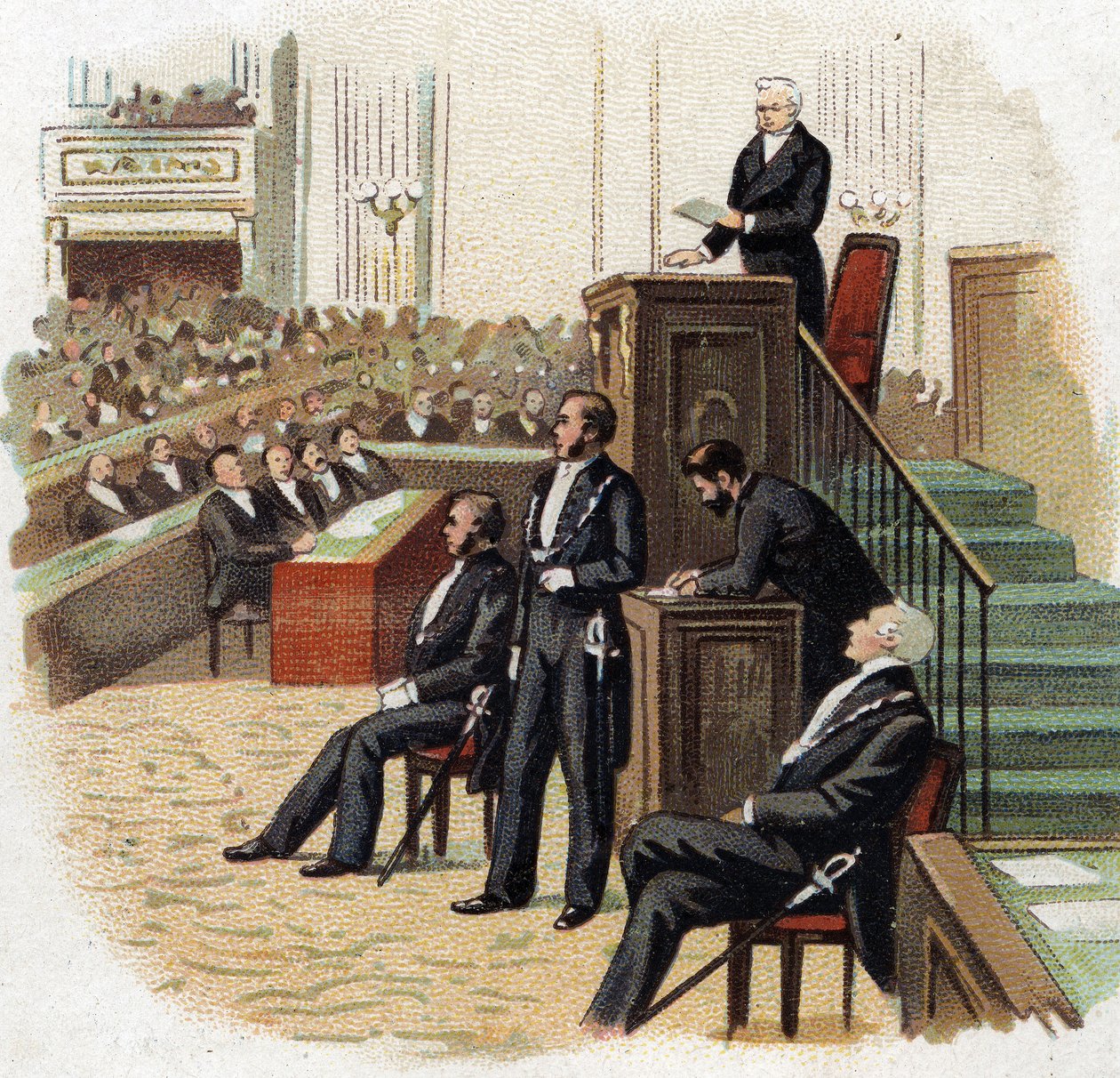 Adolphe Thiers (1797-1877) ، رئيس الجمهورية على منصة الجمعية الوطنية عام 1872 - الطباعة الحجرية الملونة (Chromo) في بداية القرن العشرين. بواسطة المدرسة الفرنسية