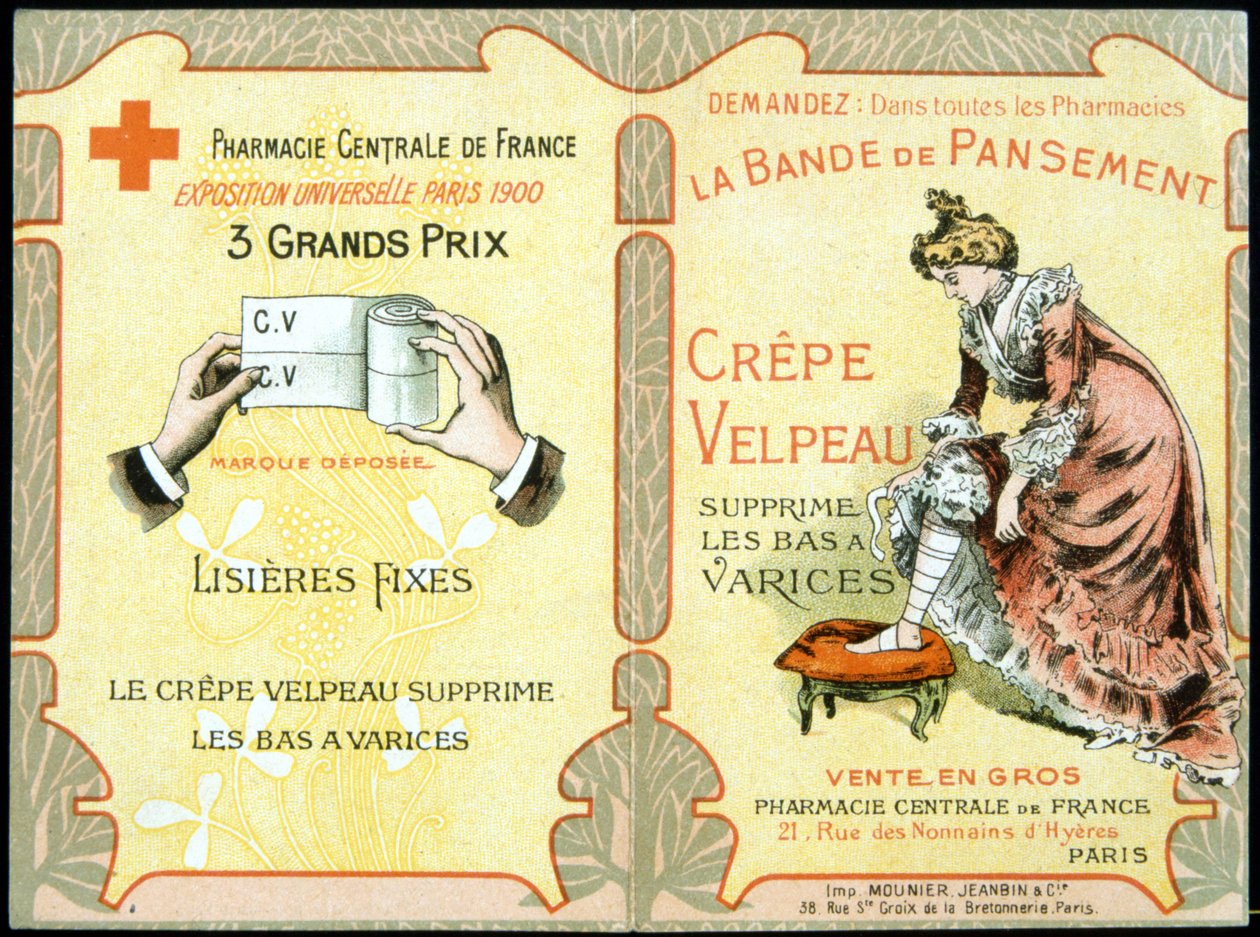 Advertising card of “” The Velpeau Crepe Dressing Band removes varicose stockings””. Sd. 19th century. بواسطة المدرسة الفرنسية