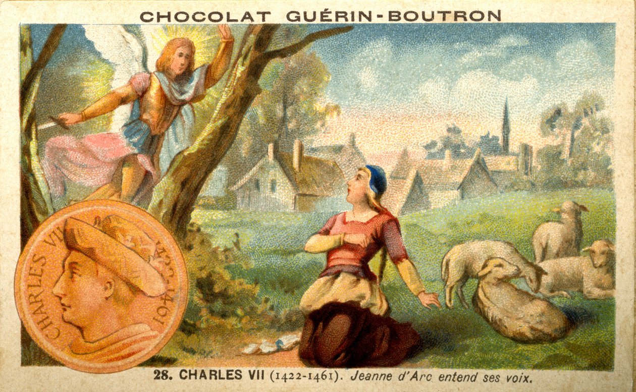 الإعلان عن الطباعة الحجرية الملونة للشوكولاتة Guerin Boutron ، الملك تشارلز السابع من عام 1422 إلى عام 1461. تسمع جان دارك أصواتًا (الطباعة الحجرية الملونة) بواسطة المدرسة الفرنسية