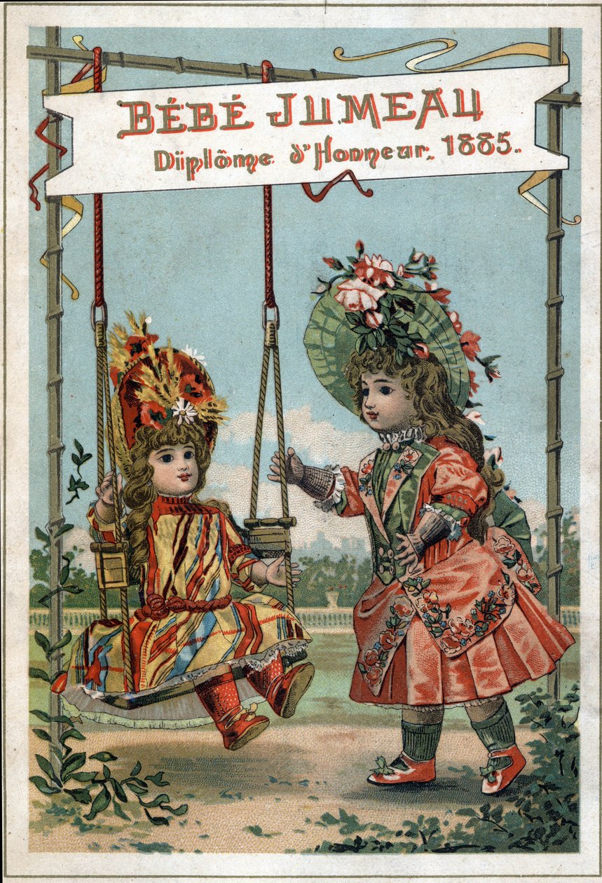 اعلان عن الدمى التوأم عام 1885 من التوين هاوس. (أول مصنع في العالم لتصنيع Beaux Bebes). بواسطة المدرسة الفرنسية