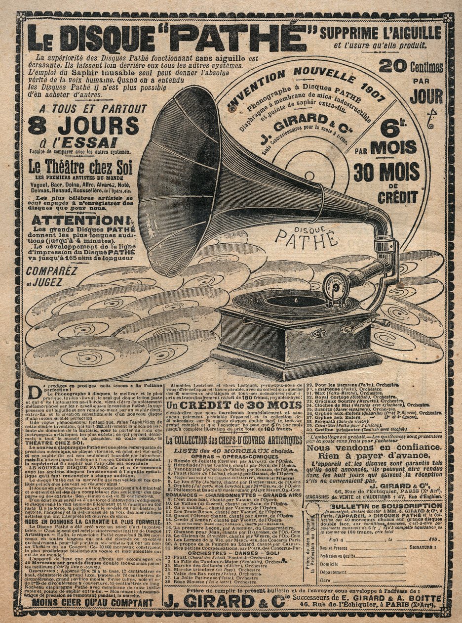 الإعلان عن الفونوغرافات "" Pathe "1907 - Le Disque pathe - بواسطة المدرسة الفرنسية