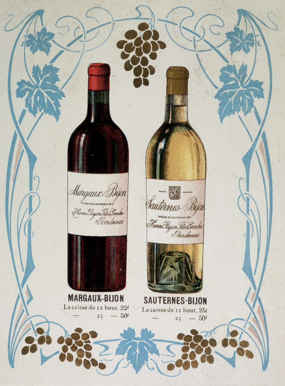 Advertising for the sale of wine Margaux-Bijon (Margaux Bijon) and Sauternes-Bijon (Sauternes Bijon), 25frs of the 12 bottles, 50frs on 25 بواسطة المدرسة الفرنسية
