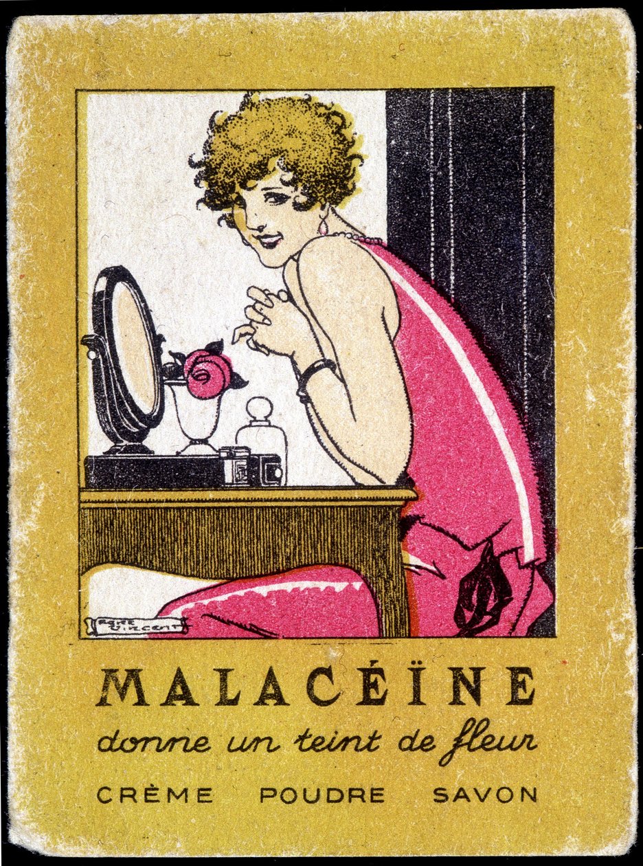 بطاقة بريدية إعلانية لمنتجات التجميل Malacéíne. حوالي 1920. بواسطة المدرسة الفرنسية