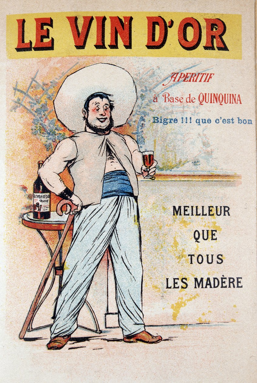 ملصق إعلاني للمقبلات مقتبس من quinquina Le Vin d'Or "" Meilleur que tous les maderes "" ، حوالي 1900 بواسطة المدرسة الفرنسية