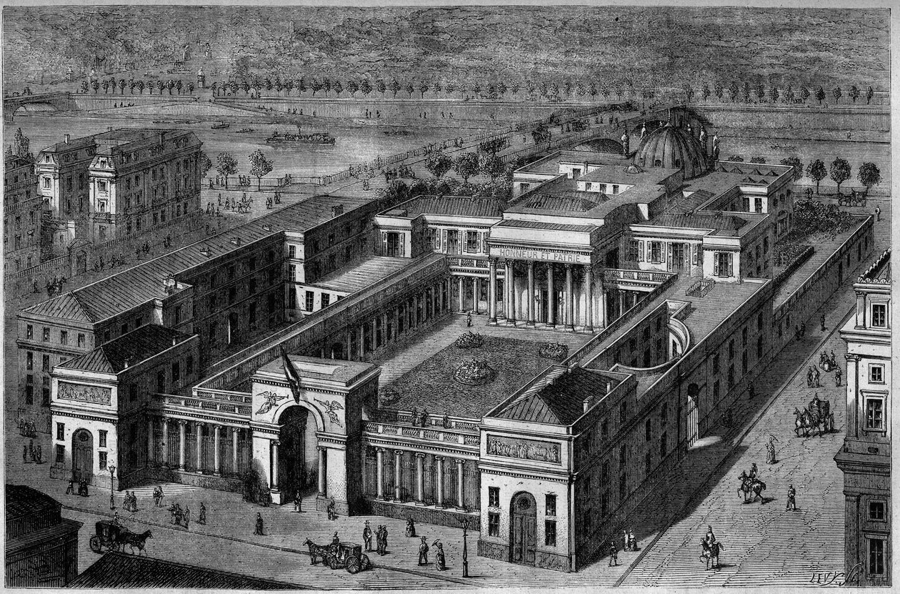 منظر جوي لقصر جوقة الشرف في باريس ، بعد ترميمه عام 1873. يُسمى أيضًا "فندق دي سالم". نقش بلانشارد في "" Le Magasin الخلابة "" بواسطة المدرسة الفرنسية