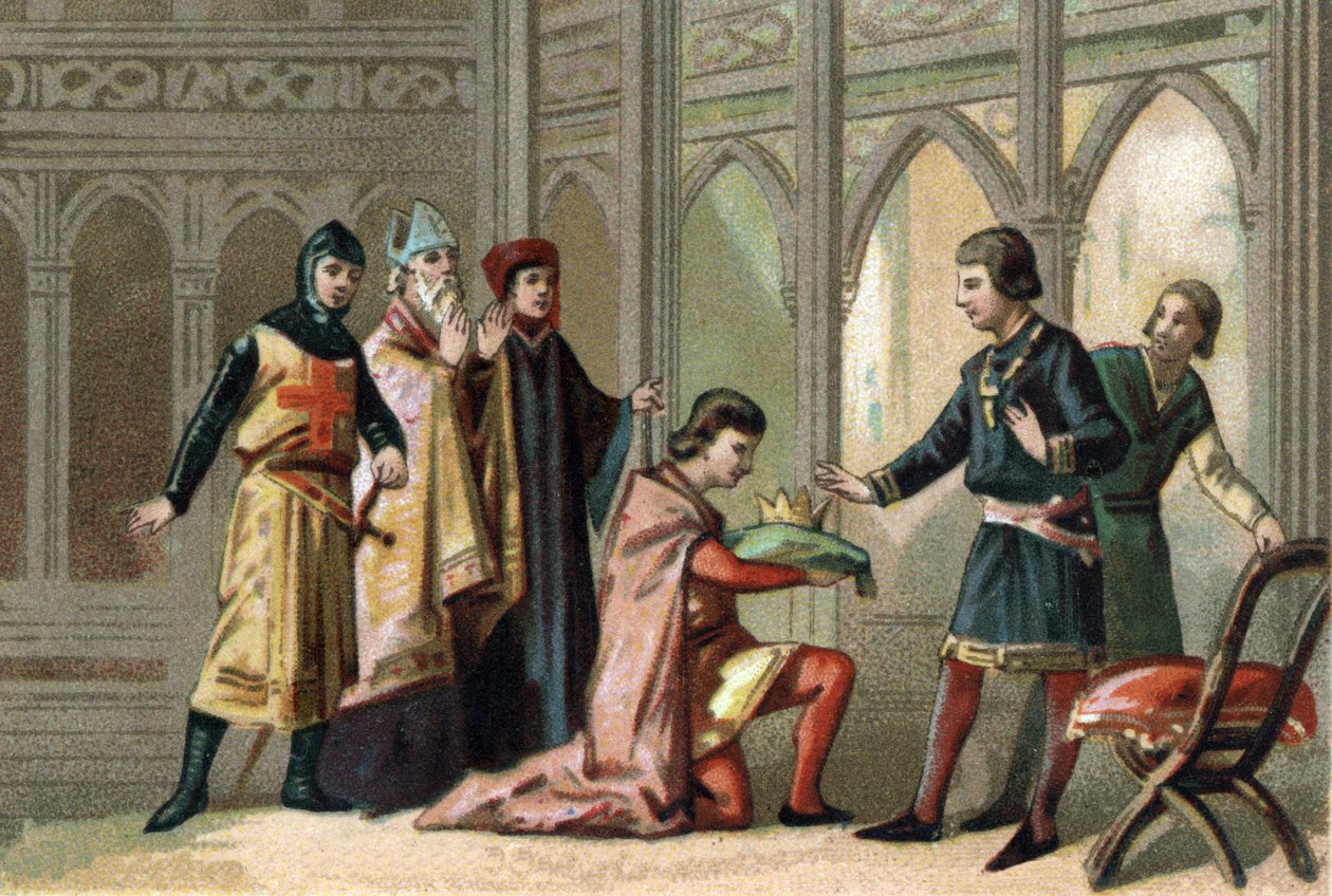 بعد وفاة لويس العاشر ، عاد التاج إلى أخيه الأصغر فيليب الخامس ديت لو لونج (1294-1322). حضر المشهد ثلاثة أوامر إقطاعية. الطباعة الحجرية الملونة حوالي عام 1890. بواسطة المدرسة الفرنسية