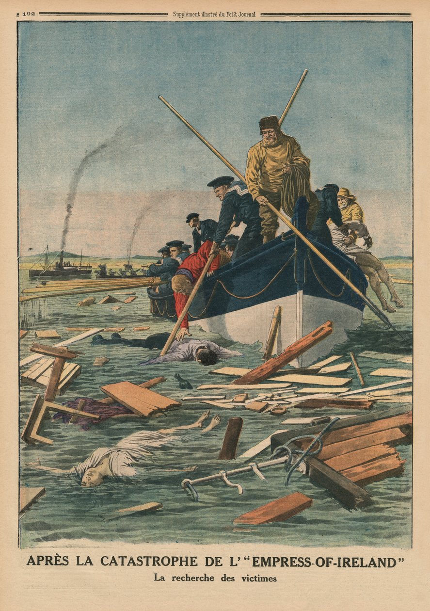 بعد كارثة إمبراطورة أيرلندا ، البحث عن الضحايا ، رسم توضيحي للغلاف الخلفي من `` Le Petit Journal &39;&39; ، ملحق illustre ، 14 يونيو 1914 بواسطة المدرسة الفرنسية
