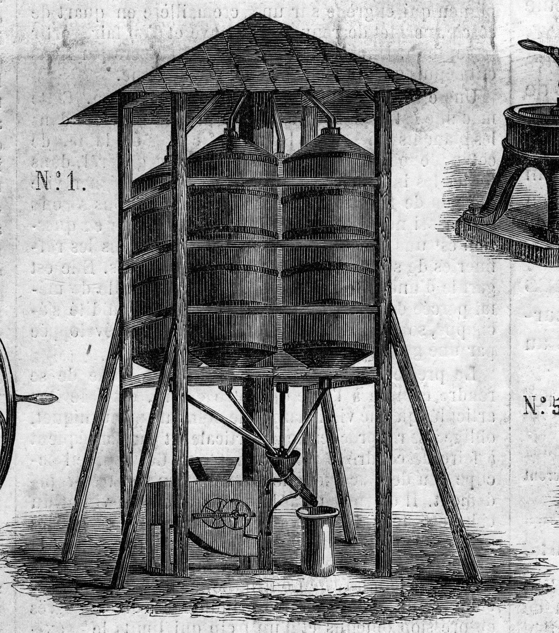 آلة زراعية: علية متحفظة للقمح قدمت في المعرض الزراعي لعام 1860 في باريس. نقش في "" Le Monde Illustré "" رقم 168 بتاريخ 30 يونيو بواسطة المدرسة الفرنسية