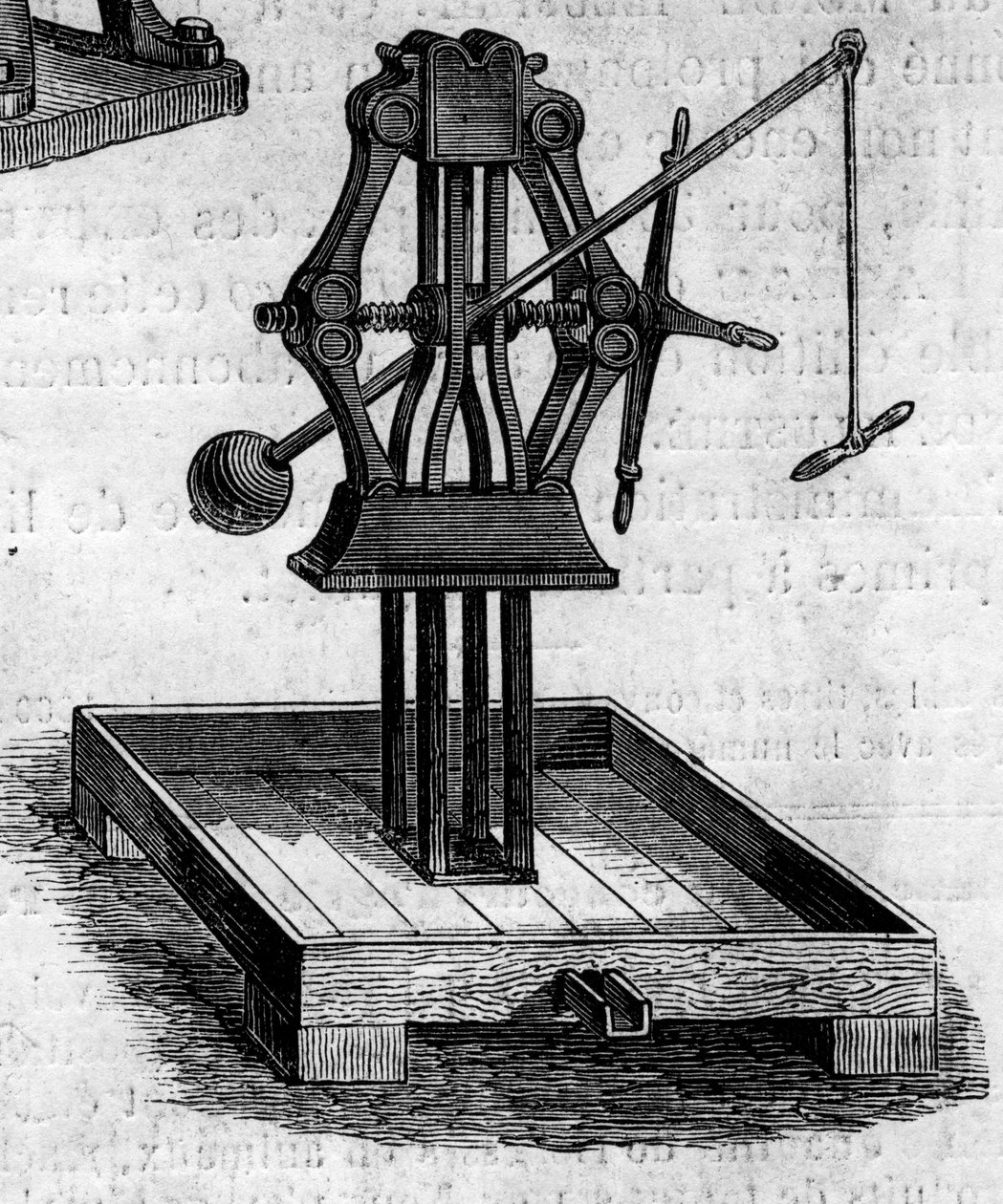 الة زراعية: مكبس قدم في المعرض الزراعي 1860 بباريس. نقش في "" Le Monde Illustré "" رقم 168 بتاريخ 30 يونيو بواسطة المدرسة الفرنسية