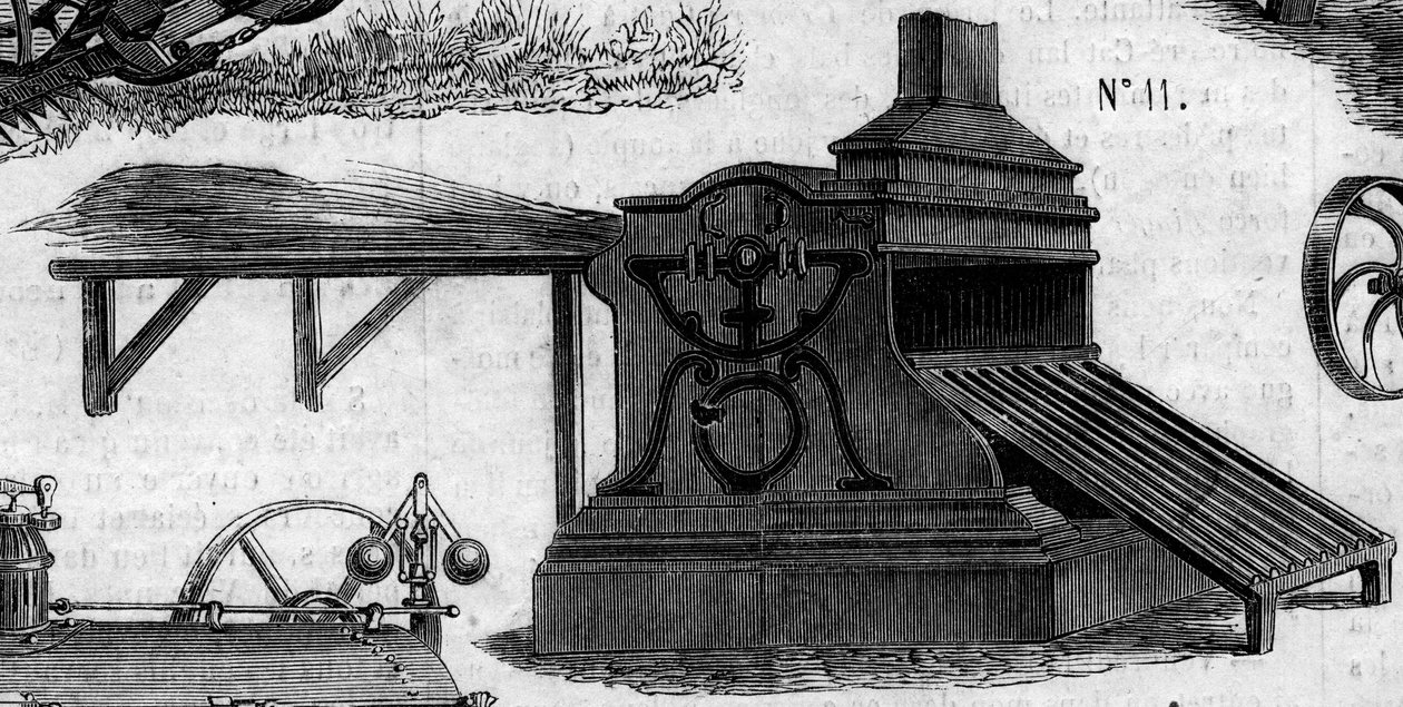 آلة زراعية: آلة دراس عُرضت في مسابقة باريس الزراعية عام 1860. نقش في "Le Monde Illustré" رقم 169 بتاريخ 7 يوليو 1860. بواسطة المدرسة الفرنسية