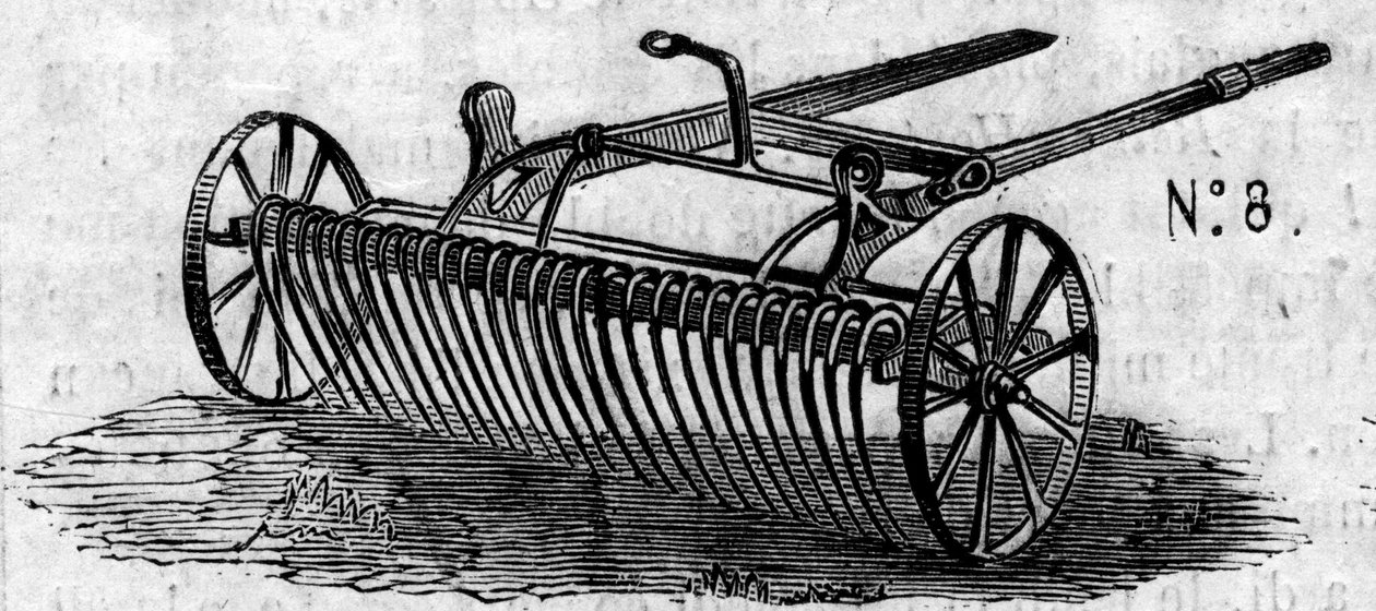آلة زراعية: مجرفة خيل إنجليزية قدمت في مسابقة باريس الزراعية عام 1860. نقش في "Le Monde Illustré" رقم 169 بتاريخ 7 يوليو 1860. بواسطة المدرسة الفرنسية