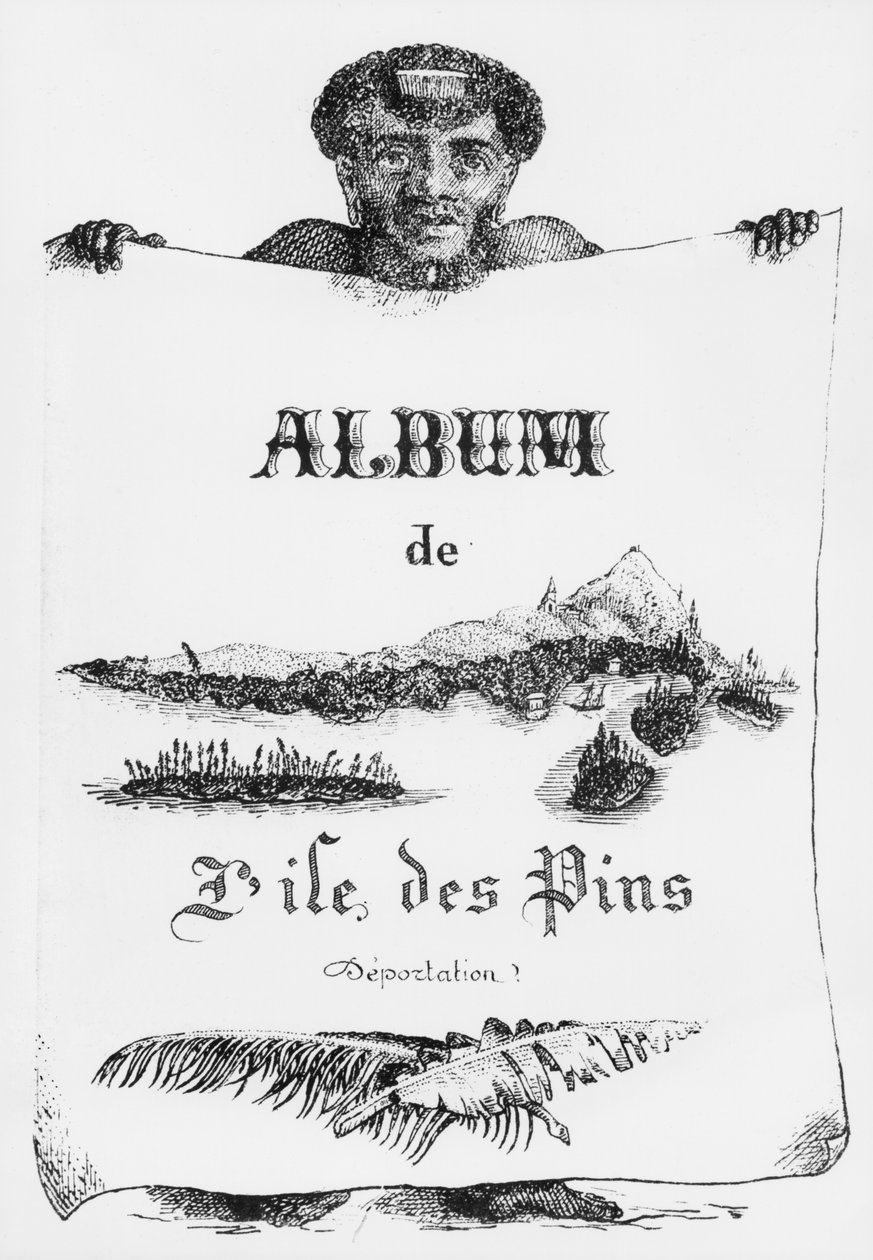 ألبوم جزيرة باينز ، كاليدونيا الجديدة ، الترحيل ، الغلاف الأمامي التوضيحي ، 1877 (bw litho) بواسطة المدرسة الفرنسية