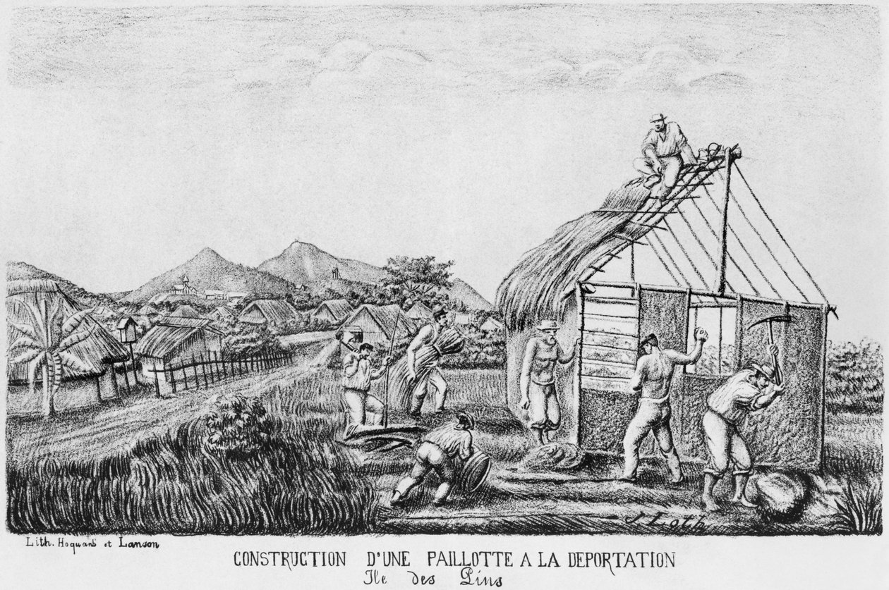 ألبوم جزيرة الصنوبر ، بناء كوخ من القش من قبل المرحلين ، 1878-1879 بواسطة المدرسة الفرنسية