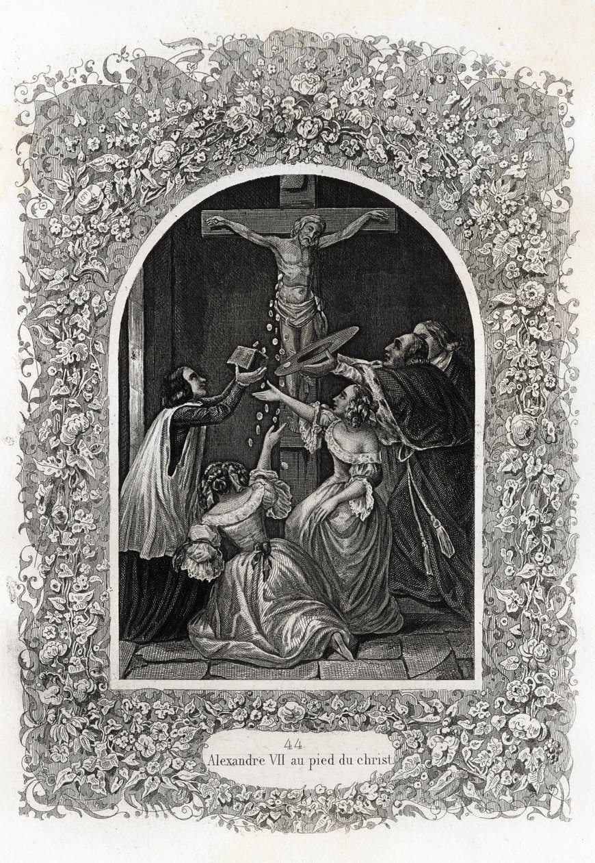 Alexander VII (Alexander or Alessandro) (Pope 1655 to 1667) at the foot of Christ. Engraving to illustrate Histoire des popes by Maurice Lachatre (1814-1900), librairie du progres, Paris. بواسطة المدرسة الفرنسية