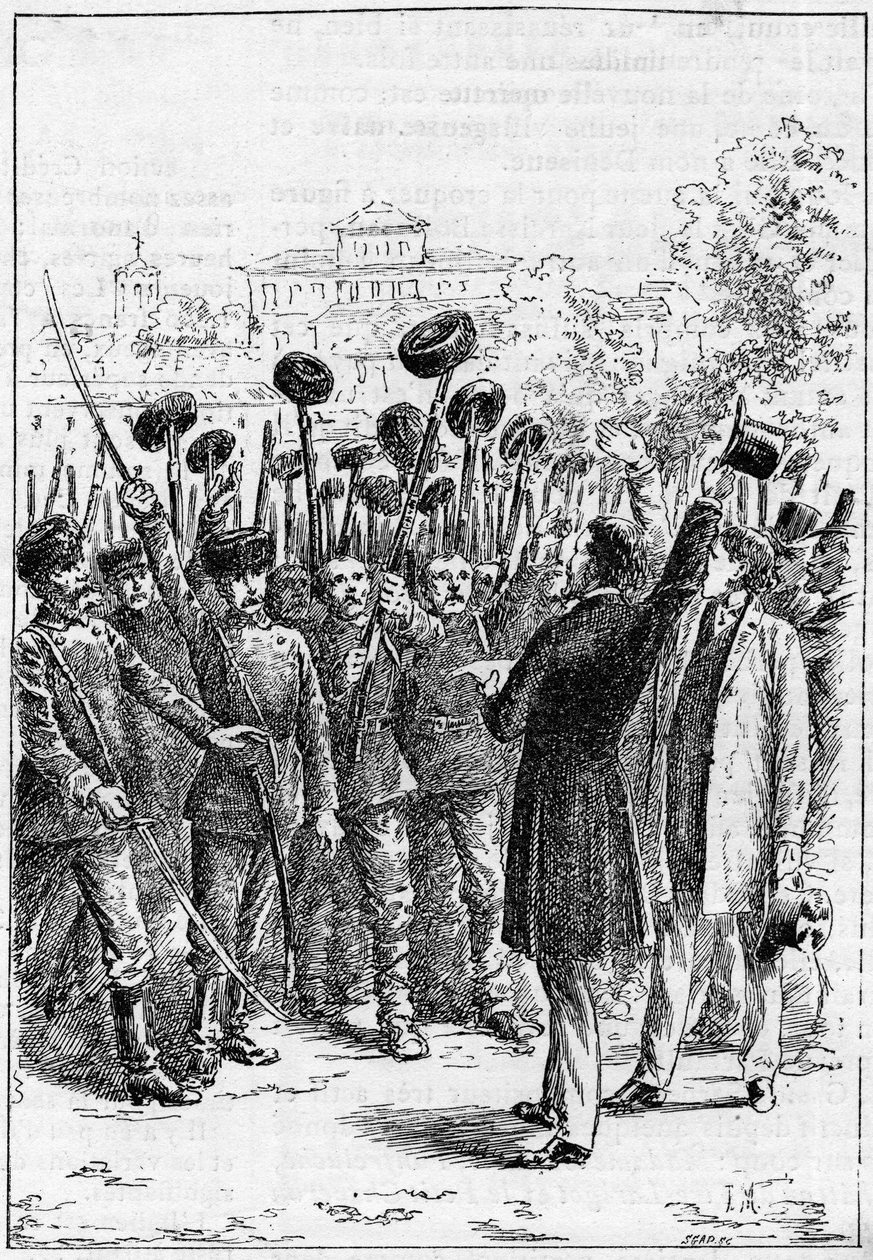 أعلن ألكسندر باتنبرغ - الكسندر الأول ملك بلغاريا أو ألكسندر باتنبرغ (1857-1893) في فيليبوبولي اتحاد رومانيا وبلغاريا ، في "العالم المصور" بواسطة المدرسة الفرنسية