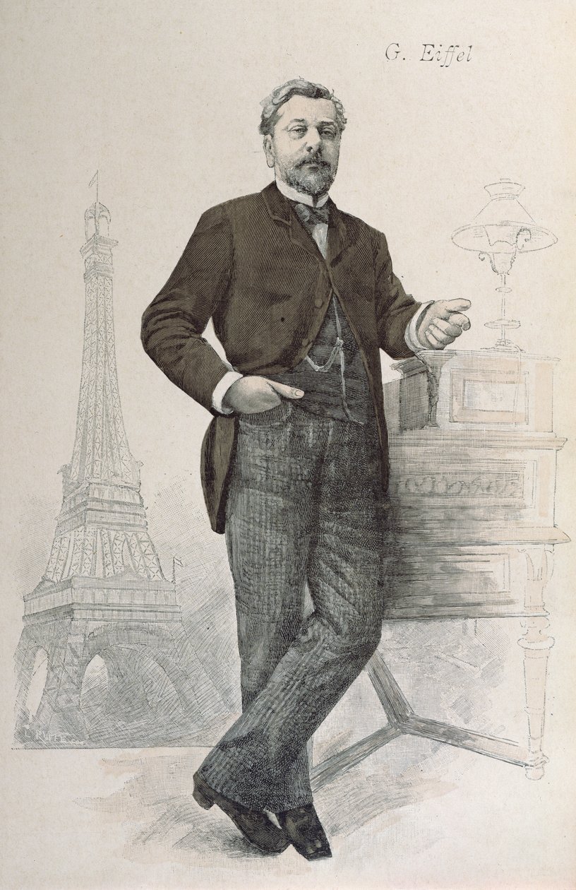 ألكسندر جوستاف إيفل يقف بجانب مكتبه مع رسم لجولة إيفل ، رسم توضيحي من La Revue Illustree ، 1888 بواسطة المدرسة الفرنسية