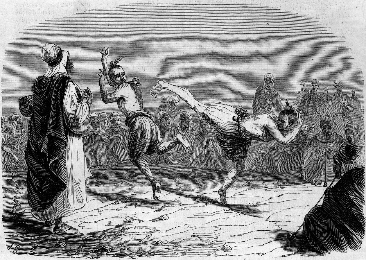 العرف الجزائري: الرقص العربي. رسم السيد ريغو ، بناءً على رسم تخطيطي للسيد أميلير ، قائد الكتيبة. نقش في "" Le Monde Illustré "رقم 86 بتاريخ 11 ديسمبر 1858. بواسطة المدرسة الفرنسية